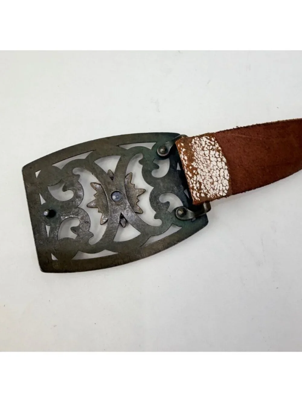 Aldo Y2K Western Boho Distressed Leather Belt Rhinestone Buckle Studded Brown